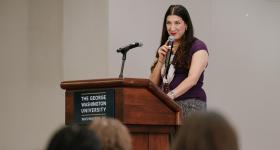 Lorena Barba speaking at a podium